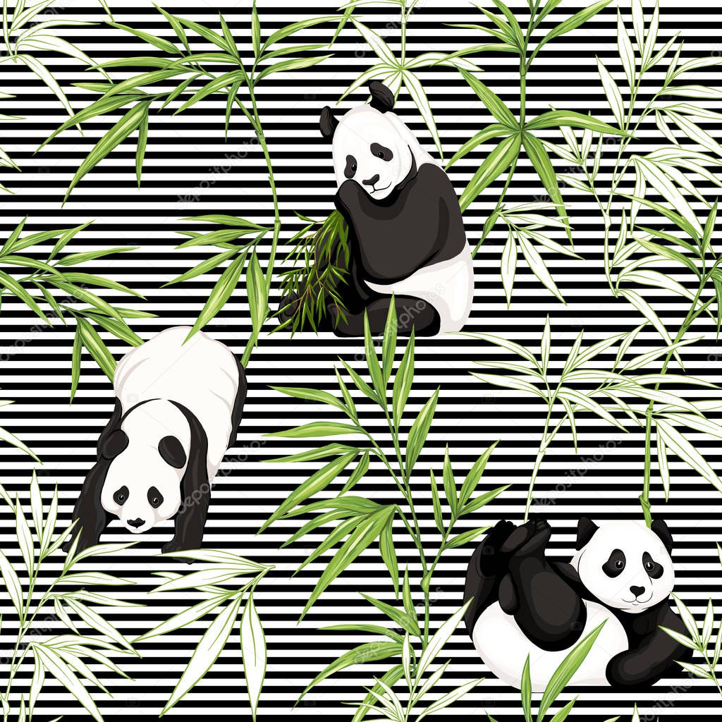 Seamless pattern, background. with pandas and bamboo.  Vector illustration without gradients and transparency.  On black-and-white stripes background. Colored and outline design.