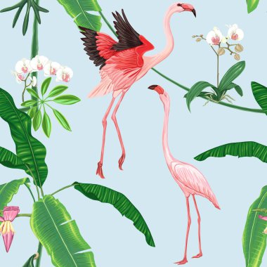 Dikişsiz desen, arka plan. tropikal bitki ve çiçeklerle beyaz orkide ve tropikal kuşlar gökyüzü mavi zemin üzerine. Gradyanlar ve saydamlık olmadan renkli vektör çizim. 