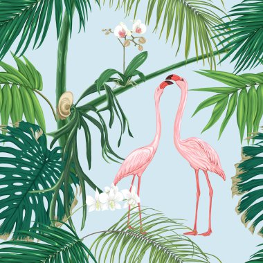 Dikişsiz desen, arka plan. tropikal bitki ve çiçeklerle beyaz orkide ve tropikal kuşlar gökyüzü mavi zemin üzerine. Gradyanlar ve saydamlık olmadan renkli vektör çizim. 