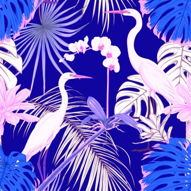 Dikişsiz desen, arka plan. tropikal bitki ve çiçeklerle beyaz orkide ve tropikal kuşlar neon, floresan renkler. Renkli ve anahat tasarımı. Vektör çizim
