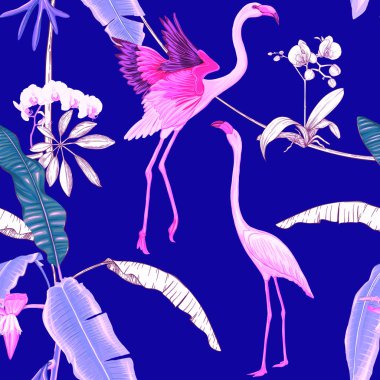 Dikişsiz desen, arka plan. tropikal bitki ve çiçeklerle beyaz orkide ve tropikal kuşlar neon, floresan renkler. Renkli ve anahat tasarımı. Vektör çizim