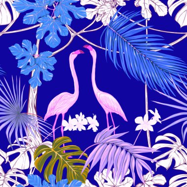 Dikişsiz desen, arka plan. tropikal bitki ve çiçeklerle beyaz orkide ve tropikal kuşlar neon, floresan renkler. Renkli ve anahat tasarımı. Vektör çizim