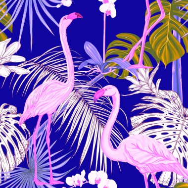 Dikişsiz desen, arka plan. tropikal bitki ve çiçeklerle beyaz orkide ve tropikal kuşlar neon, floresan renkler. Renkli ve anahat tasarımı. Vektör çizim