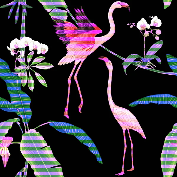 Безшовний Візерунок Фон Тропічними Рослинами Квітами Білими Орхідеями Тропічними Птахами — стоковий вектор