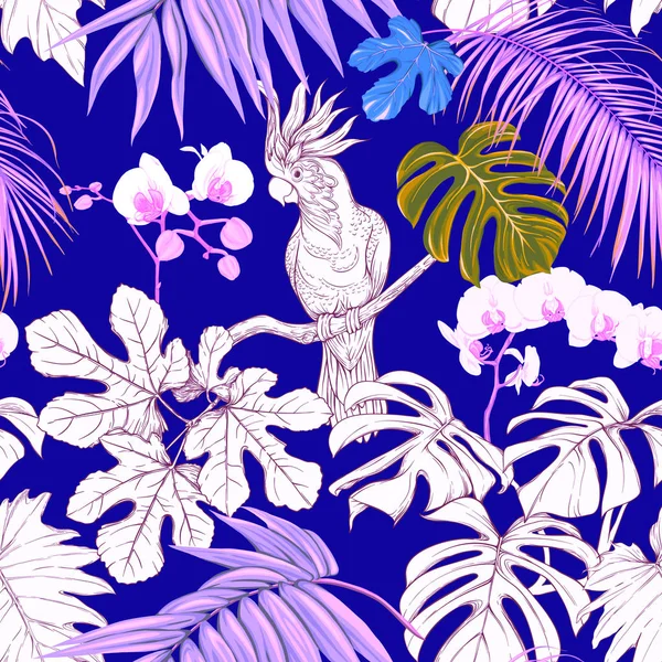 Wzór Tło Tropikalną Roślinnością Kwiatami Biała Orchidea Tropikalnych Ptaków Neon — Wektor stockowy