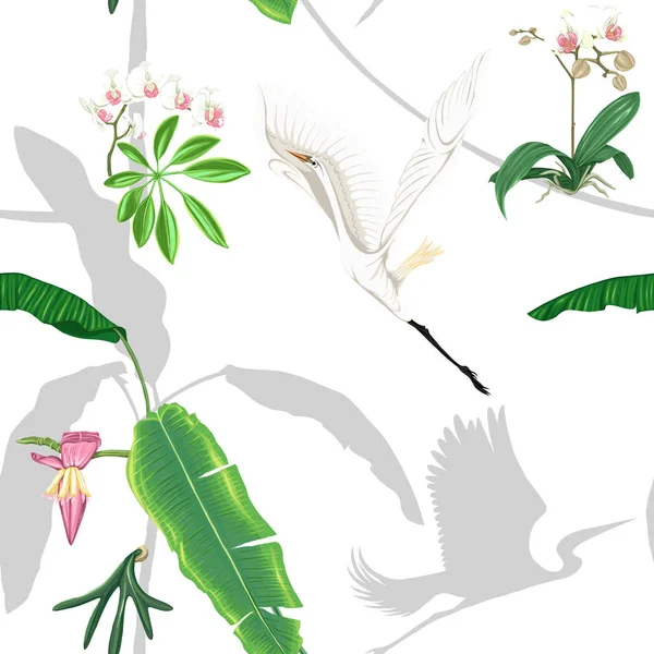 シームレスなパターン 熱帯植物と花白蘭と熱帯の鳥 シルエットのデザイン ベクトルの図 白い背景に分離 — ストックベクタ