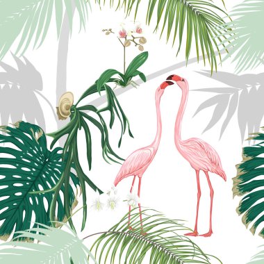 Dikişsiz desen, arka plan. tropikal bitki ve çiçeklerle beyaz orkide ve tropikal kuşlar. Renkli ve siluet tasarım. Vektör çizim. Beyaz arka plan üzerinde izole.