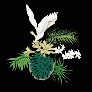 Tropik bitkiler, palmiye yaprakları, canavarlar ve botanik beyaz heron ile beyaz orkide bileşimi neon, floresan renkler renkli vektör çizim tarzı. Renkli ve anahat tasarımı. Siyah arka plan üzerine.