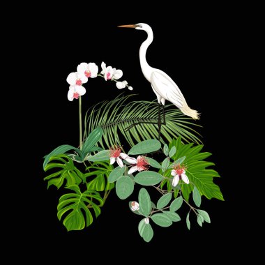 Tropik bitkiler, palmiye yaprakları, canavarlar ve botanik beyaz heron ile beyaz orkide bileşimi neon, floresan renkler renkli vektör çizim tarzı. Renkli ve anahat tasarımı. Siyah arka plan üzerine.