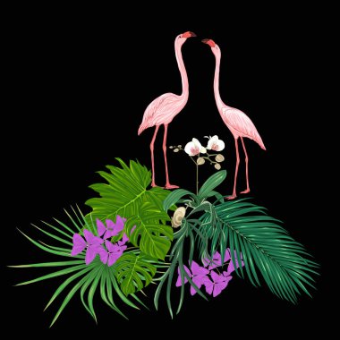 Tropik bitkiler, palmiye yaprakları, canavarlar ve flamingo Botanik ile beyaz orkide bir kompozisyon tarzı renkli vektör çizim. Siyah arka plan üzerine izole