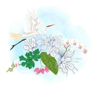 Tropikal bitki kompozisyonu, palmiye yaprakları, canavarlar ve botanik tarzında beyaz heron ile beyaz orkide. Renkli ve anahat tasarım suluboya arka plan üzerinde. Vektör çizim.