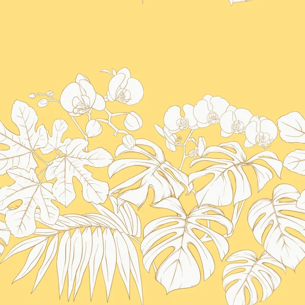 Plantas Tropicales Flores Orquídea Blanca Patrón Sin Costuras Fondo Esquema — Vector de stock