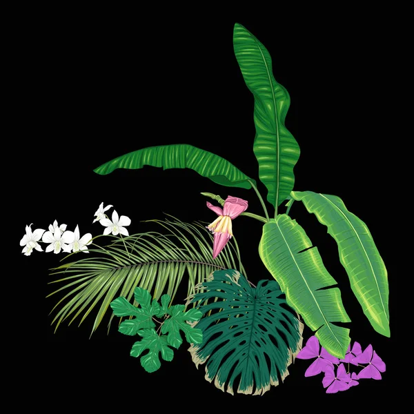 Una Composizione Piante Tropicali Foglie Palma Mostri Orchidee Bianche Stile — Vettoriale Stock