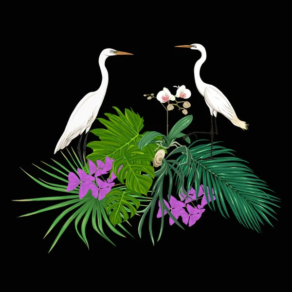 熱帯植物やヤシの葉 モンスター 植物園の白鷺と白蘭の組成は ネオン 蛍光色でカラーのベクトル図をスタイルします デザインの概要を説明します 黒い背景に — ストックベクタ