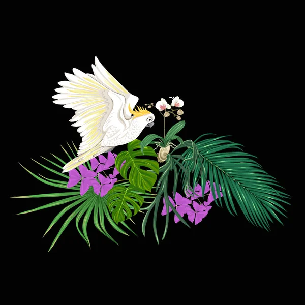 Una Composición Plantas Tropicales Hojas Palma Monstruos Orquídeas Blancas Con — Vector de stock