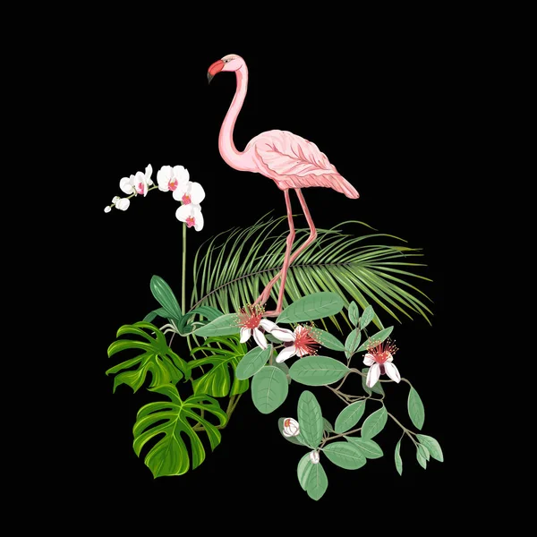 熱帯植物やヤシの葉 モンスター 植物園のフラミンゴと白蘭の組成はスタイル カラーのベクトル図です 黒の背景に分離 — ストックベクタ