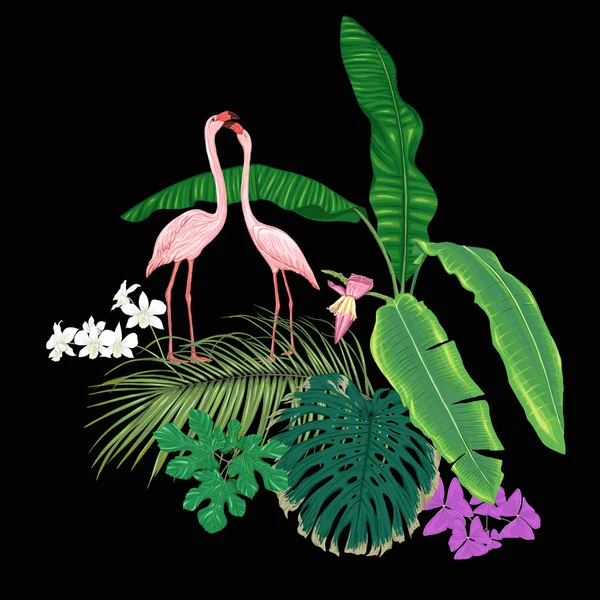 Kompozycja Tropikalnych Roślin Liści Palmowych Potwory Białe Storczyki Flamingo Botanicznych — Wektor stockowy