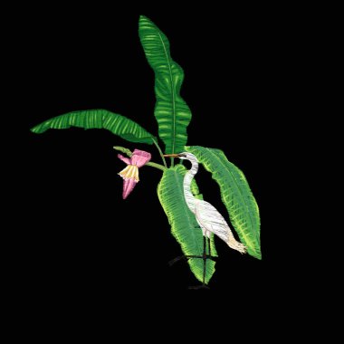 Nakış tropikal bitki ve kuş ile tasarım öğelerinin. Renkli vektör çizim. Siyah arka plan üzerine izole