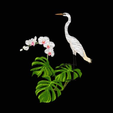 Nakış tropikal bitki ve kuş ile tasarım öğelerinin. Renkli vektör çizim. Siyah arka plan üzerine izole