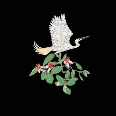 Nakış tropikal bitki ve kuş ile tasarım öğelerinin. Renkli vektör çizim. Siyah arka plan üzerine izole