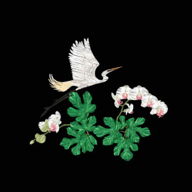 Nakış tropikal bitki ve kuş ile tasarım öğelerinin. Renkli vektör çizim. Siyah arka plan üzerine izole