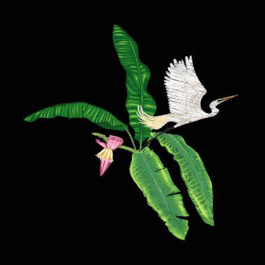 Nakış tropikal bitki ve kuş ile tasarım öğelerinin. Renkli vektör çizim. Siyah arka plan üzerine izole