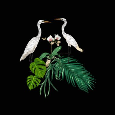 Nakış tropikal bitki ve kuş ile tasarım öğelerinin. Renkli vektör çizim. Siyah arka plan üzerine izole