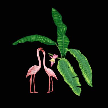 Nakış tropikal bitki ve kuş ile tasarım öğelerinin. Renkli vektör çizim. Siyah arka plan üzerine izole