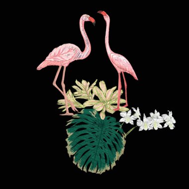 Nakış tropikal bitki ve kuş ile tasarım öğelerinin. Renkli vektör çizim. Siyah arka plan üzerine izole