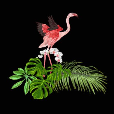 Nakış tropikal bitki ve kuş ile tasarım öğelerinin. Renkli vektör çizim. Siyah arka plan üzerine izole