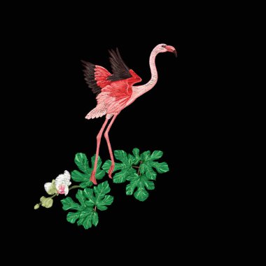 Nakış tropikal bitki ve kuş ile tasarım öğelerinin. Renkli vektör çizim. Siyah arka plan üzerine izole