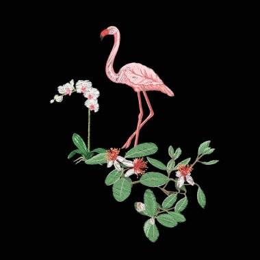 Nakış tropikal bitki ve kuş ile tasarım öğelerinin. Renkli vektör çizim. Siyah arka plan üzerine izole