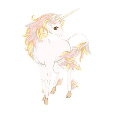 Gül altın yele ve beyaz arka plan üzerinde izole Parlatıcı yıldız olan beyaz at. Vektör çizim. 