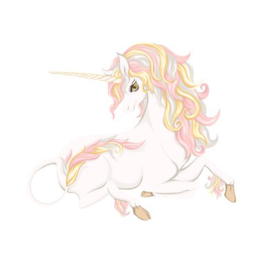 Gül altın yele ve beyaz arka plan üzerinde izole Parlatıcı yıldız olan beyaz at. Vektör çizim. 