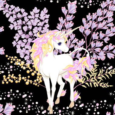 Seamless modeli, tek boynuzlu at ve fantsatic çiçekler ve glitter arka plan. Vektör çizim. Siyah arka plan üzerine izole.