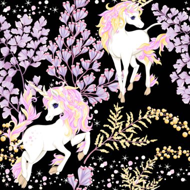 Seamless modeli, tek boynuzlu at ve fantsatic çiçekler ve glitter arka plan. Vektör çizim. Siyah arka plan üzerine izole.