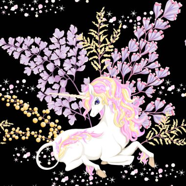 Seamless modeli, tek boynuzlu at ve fantsatic çiçekler ve glitter arka plan. Vektör çizim. Siyah arka plan üzerine izole.