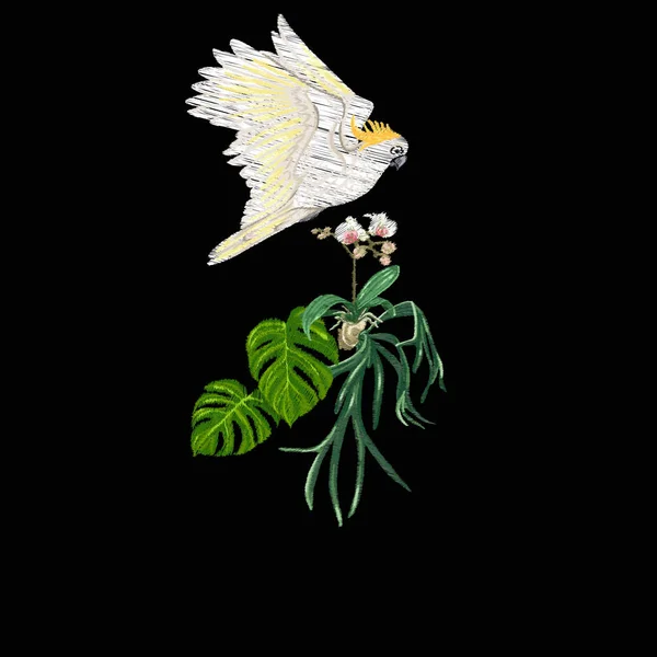 Вышивка Элементов Дизайна Тропическими Растениями Птицами Цветная Векторная Иллюстрация Изолированный — стоковый вектор