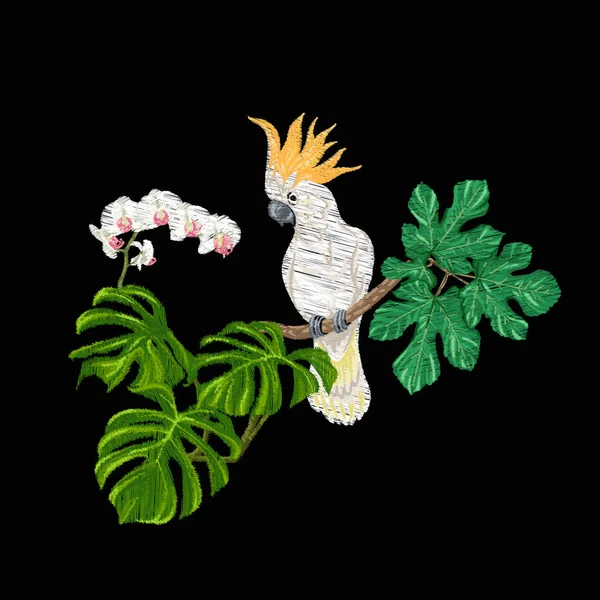 Ricamo Elementi Design Con Piante Tropicali Uccelli Illustrazione Vettoriale Colorata — Vettoriale Stock