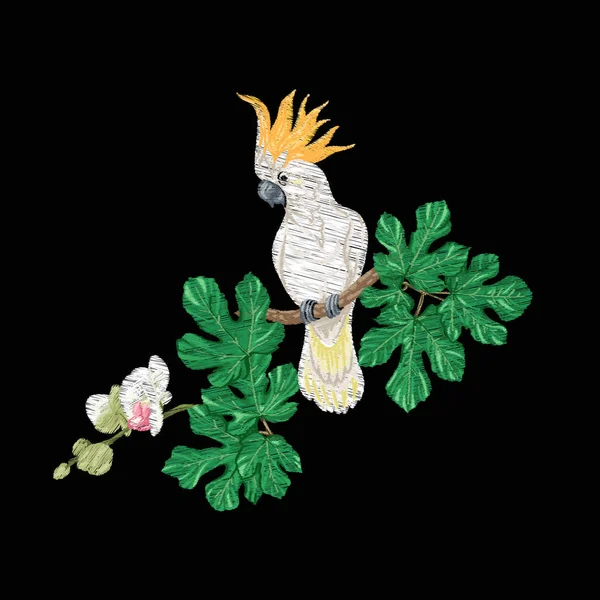 Broderie Éléments Pour Conception Avec Des Plantes Tropicales Des Oiseaux — Image vectorielle