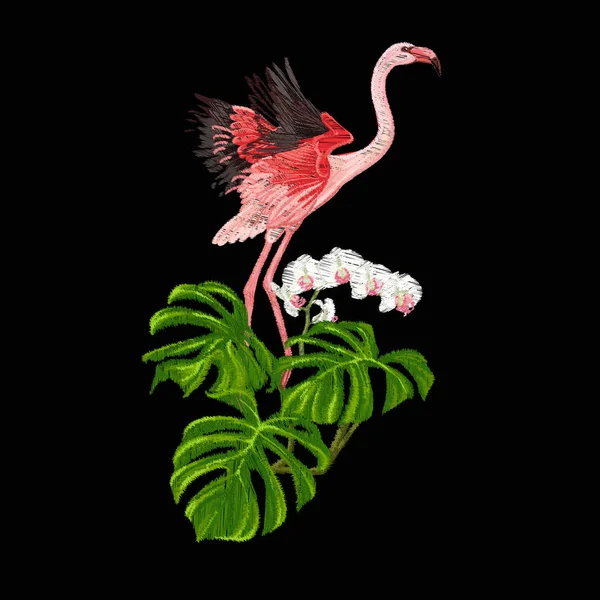 与热带植物和鸟类设计的元素刺绣 彩色矢量图 在黑色背景下隔离 — 图库矢量图片