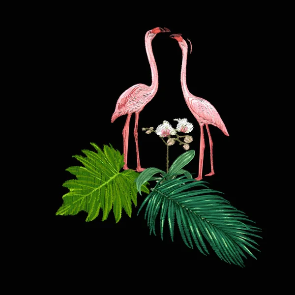 熱帯植物と鳥のデザインの要素の刺繍 色ベクトルの図 黒の背景に分離 — ストックベクタ