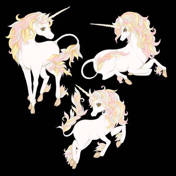 Set Van Drie Witte Eenhoorn Met Goud Roze Kleur Mane — Stockvector
