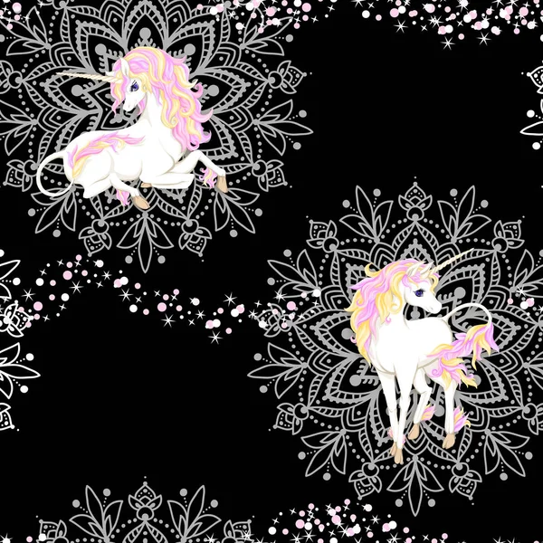 Pola Mulus Latar Belakang Dengan Pola Unicorn Dan Mandala Dan - Stok Vektor