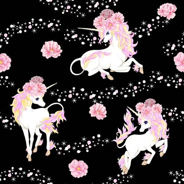 Pola Mulus Latar Belakang Dengan Unicorn Dan Bunga Fantasi Dan - Stok Vektor