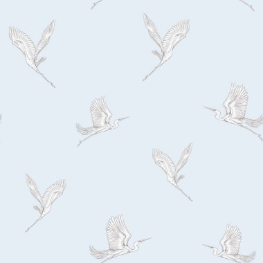 Dikişsiz desen, tropikal kuşlar ile arka plan. Beyaz balıkçıl, Kakadu papağan. Vektör çizim. Grafik çizim, gravür tarzı. vektör çizim. Vintage mavi ve bej renklerini