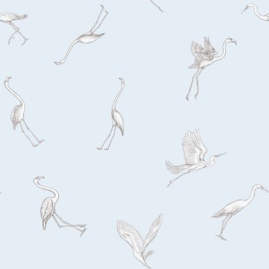 Dikişsiz desen, tropikal kuşlar ile arka plan. Beyaz balıkçıl, flamingo. Vektör çizim. Grafik çizim, gravür tarzı. vektör çizim. Vintage mavi ve bej renklerini