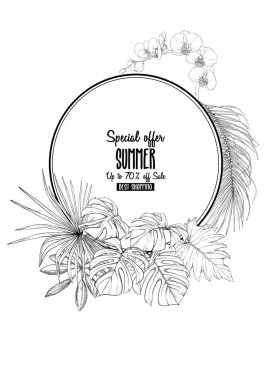 Tebrik kartı, davet veya tropik bitkiler ile banner şablon olarak palmiye yaprakları, monstera ve orkide. Renkli vektör çizim. Grafik çizim, gravür tarzı. vektör çizim