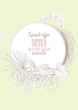 Tebrik kartı, davet veya tropik bitkiler ile banner şablon olarak palmiye yaprakları, monstera ve orkide. Anahat el vektör çizim çizimi