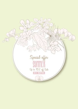 Tebrik kartı, davet veya tropik bitkiler ile banner şablon olarak palmiye yaprakları, monstera ve orkide. Anahat el vektör çizim çizimi